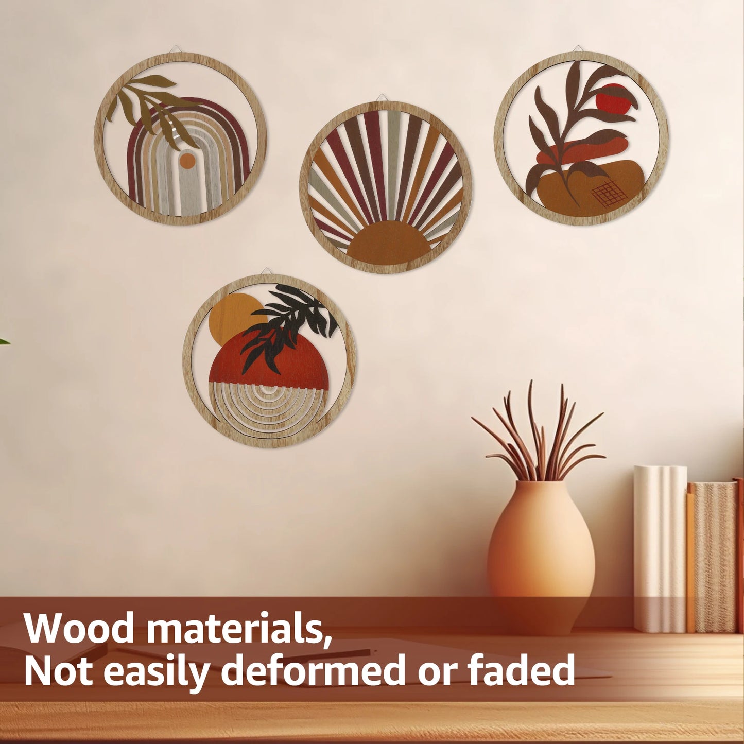 4Pcs Wood Wall Decor Hanging Wall Art Decorative Bohemian Home Decoration Nursery Wall Art Round Shape for Living room Bedroom