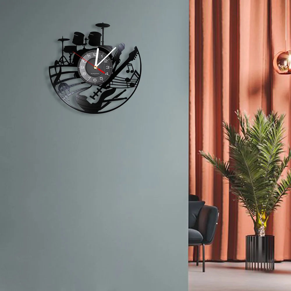 Guitar and Drum Kits Wall Clock Guitar Player Music Vinyl Record Clock Rock Music Instrument Guitar Wall Art Rock n Rock Gift