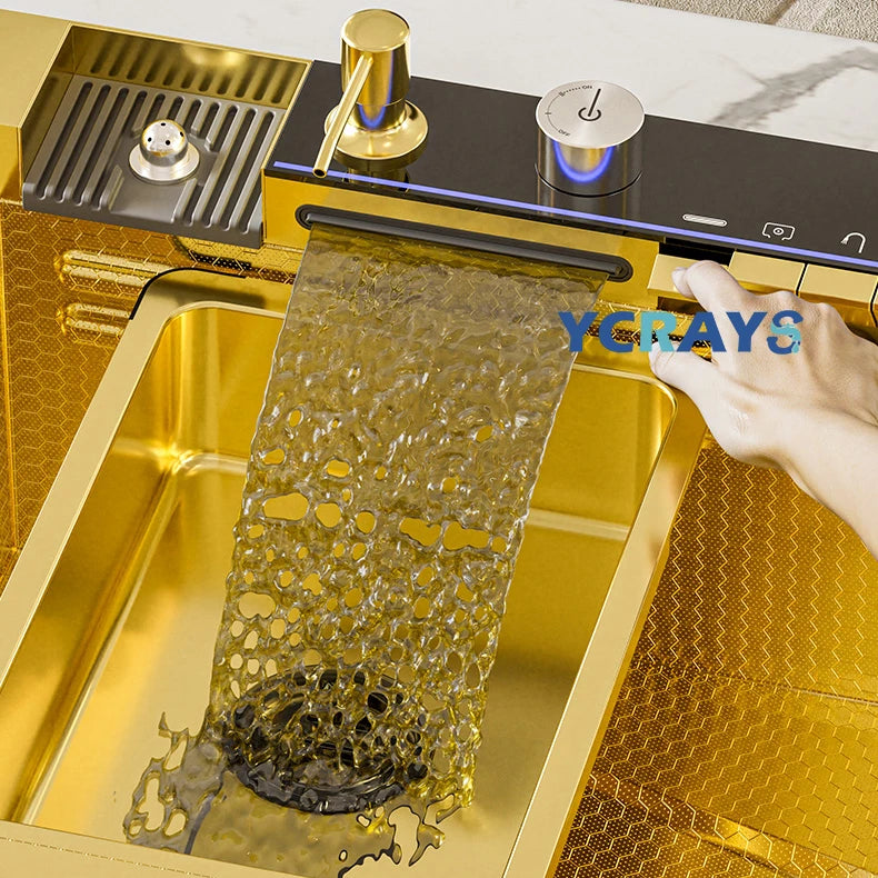 YCRAYS Gold Waterfall Multifunctional Kitchen Sink Large Single Slot Integrated Digital Display Faucet Soap Dispenser Cup Washer