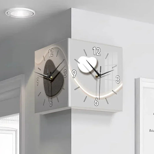 Double-sided Wall Clock Creative Living Room Mural Corner Corner Clocks Modern Art LED Light Wall Clock Hanging Decoration