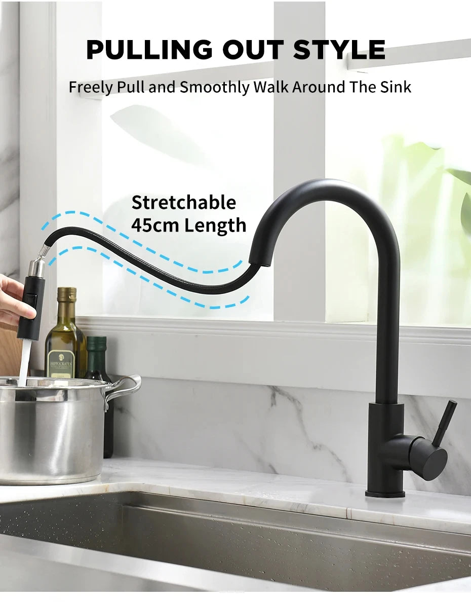 304 brushed kitchen faucet, black surface faucet, kitchen sink faucet, pull-out kitchen faucet, single hole faucet