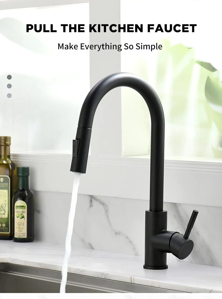 304 brushed kitchen faucet, black surface faucet, kitchen sink faucet, pull-out kitchen faucet, single hole faucet