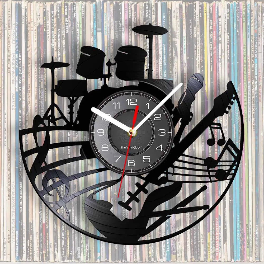 Guitar and Drum Kits Wall Clock Guitar Player Music Vinyl Record Clock Rock Music Instrument Guitar Wall Art Rock n Rock Gift
