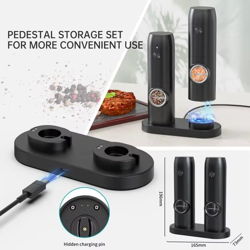Electric Salt and Pepper Grinder Set with Charging Base and LED Light Adjustable Coarseness Automatic Spice Herb Mill