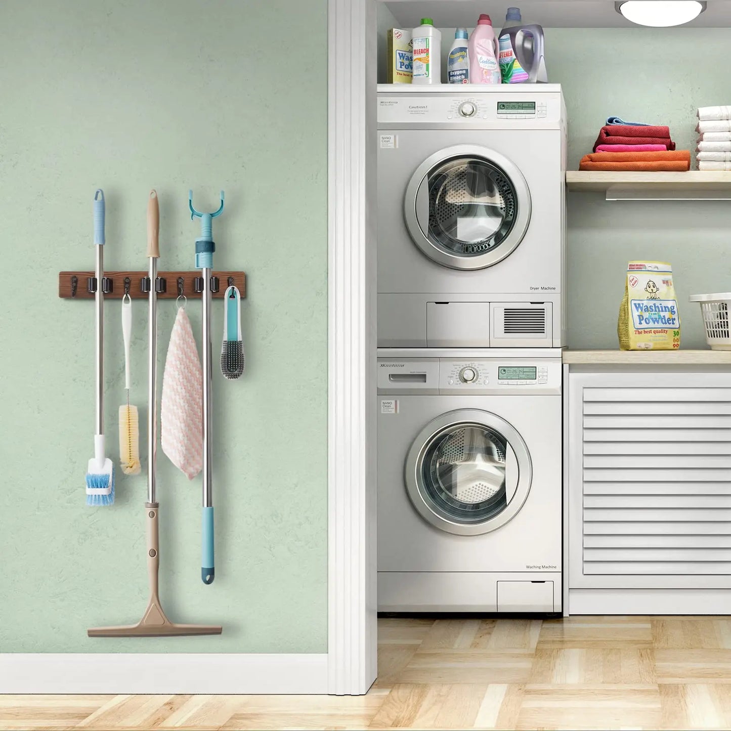 Rustic Wood Broom Mop Holder Hanger Wall Mounted Garden Tool Rack Organizer With 4 Slots 4 Hooks For Garage Laundry Room