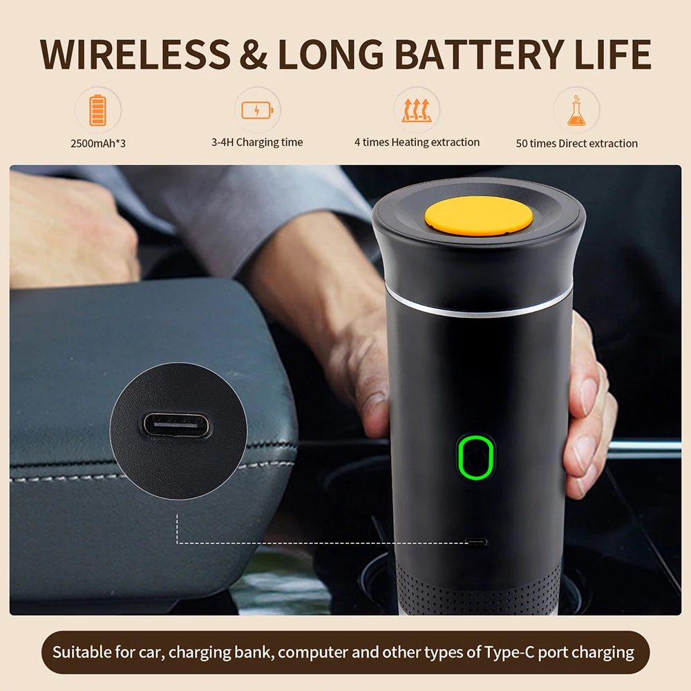 Portable Wireless Electric Espresso Coffee Machine For Travel &Car &Home Camping Coffee Maker 3-in-1 Capsule Powder Coffee Maker