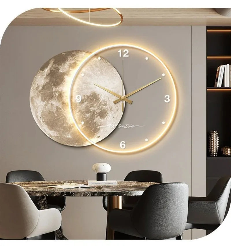 Large Dining Room Living Room Wall Clock Luxury Moon The Earth Modelling LED Light Silent Movement  Bedroom Wall Decoration Gift