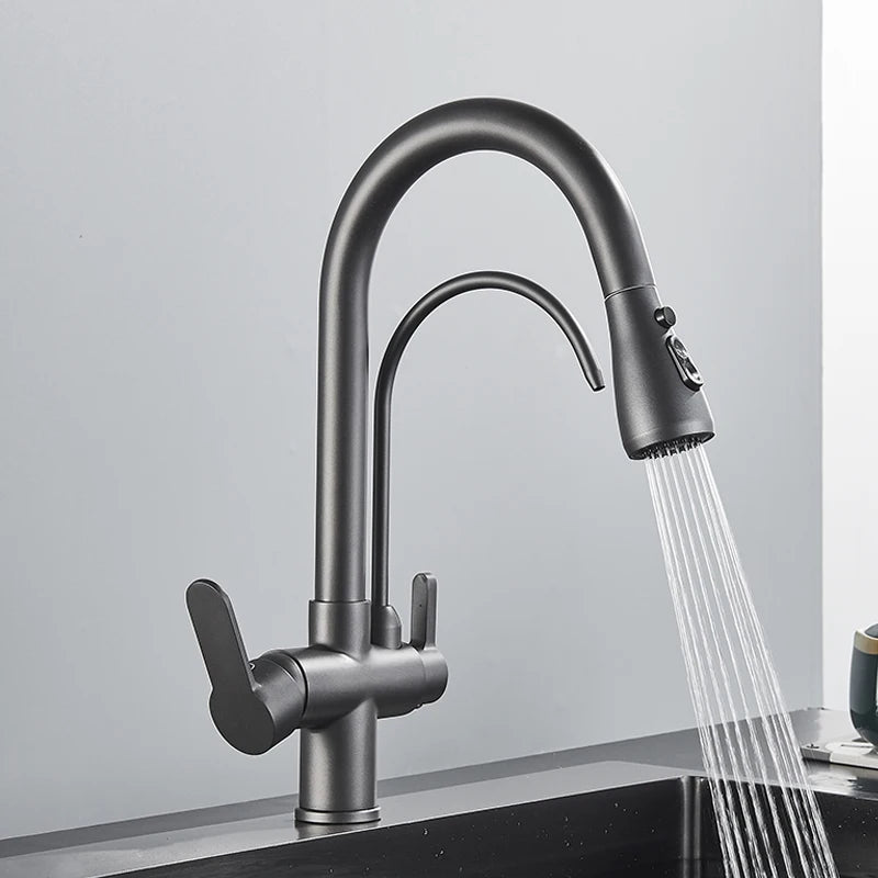 SHBSHAIMY Golden Kitchen Tap Pull Down Purified Water Faucet 360 Rotation Double Handles Single Hole Cold and Hot Water Mixers