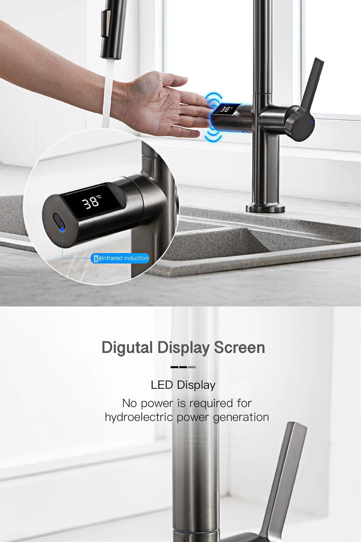Luxury brass gun gray kitchen faucet LED digital sensing design single handle hot & cold water pull-out type 2-function sink Tap