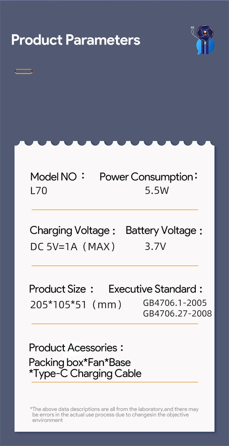 5000mAh Recharge Portable Fan Handheld Mini Fan USB Hand Hold Small Pocket Fan with Data Disply Table Stand Home Air Conditioner