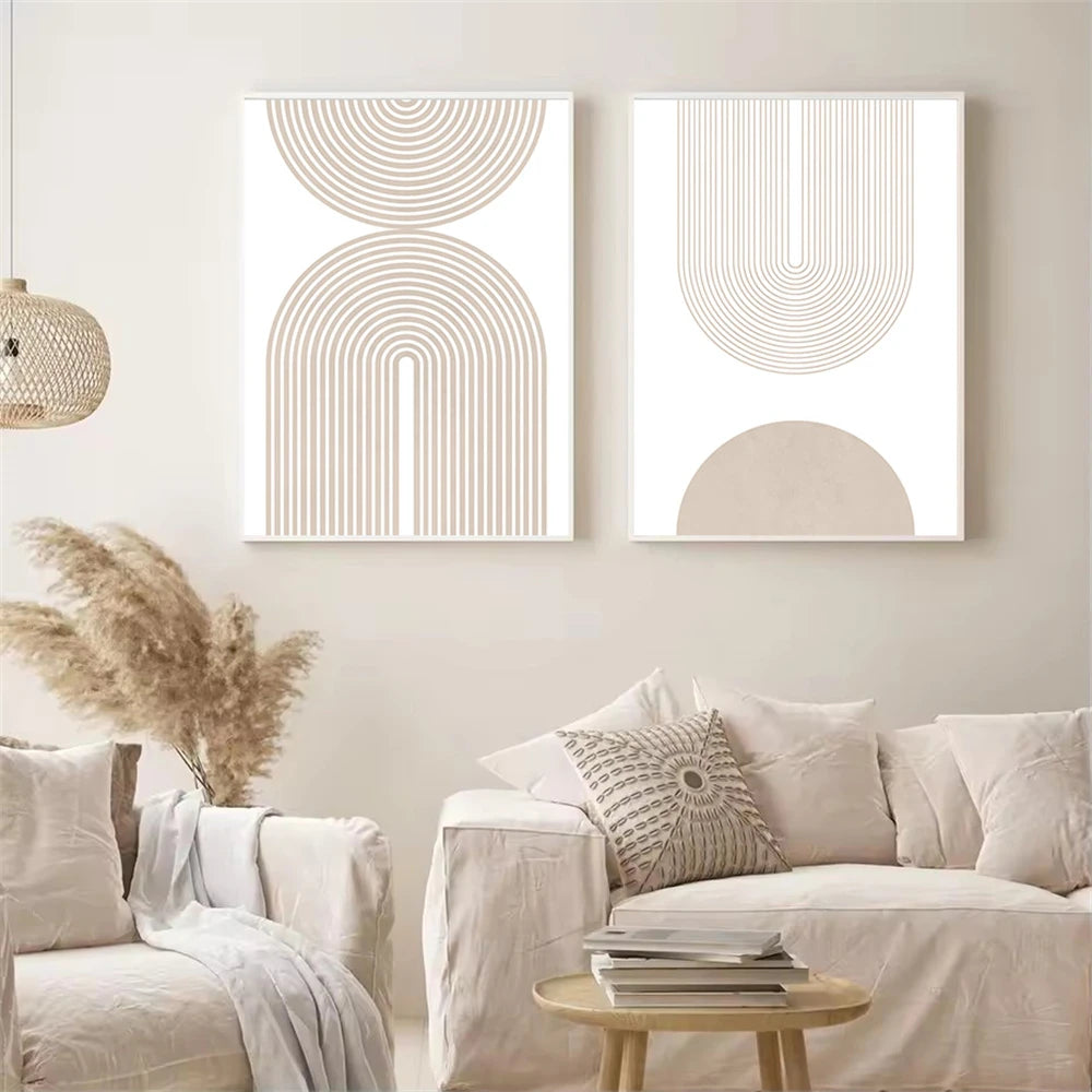 Modern Minimalist Wall Art Geometric Beige Boho Line Canvas Painting Bohemian Poster Prints Pictures Bedroom Living Room Decor