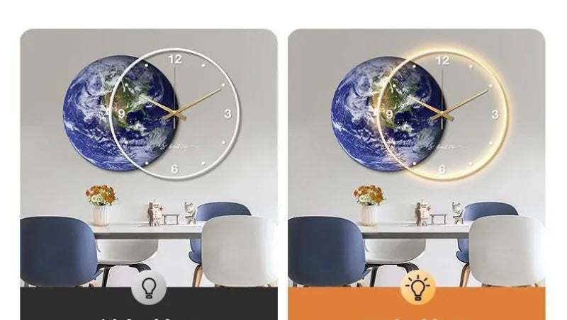 Large Dining Room Living Room Wall Clock Luxury Moon The Earth Modelling LED Light Silent Movement  Bedroom Wall Decoration Gift
