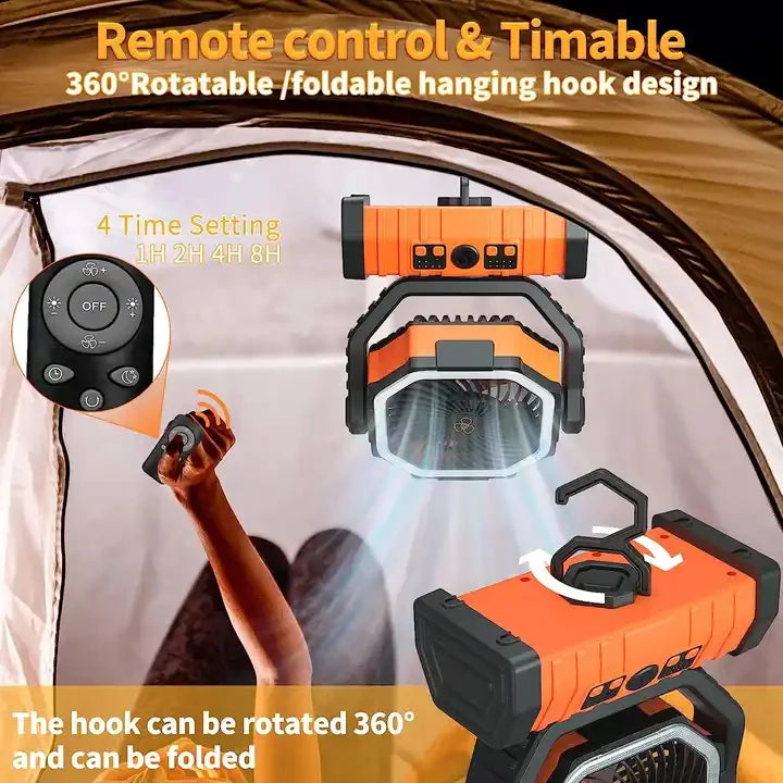 20000mAh Battery Operated Fan, Portable Rechargeable Desk/Camping Fan with LED Light and Hook, Outdoor Fan for Tent Car Trip