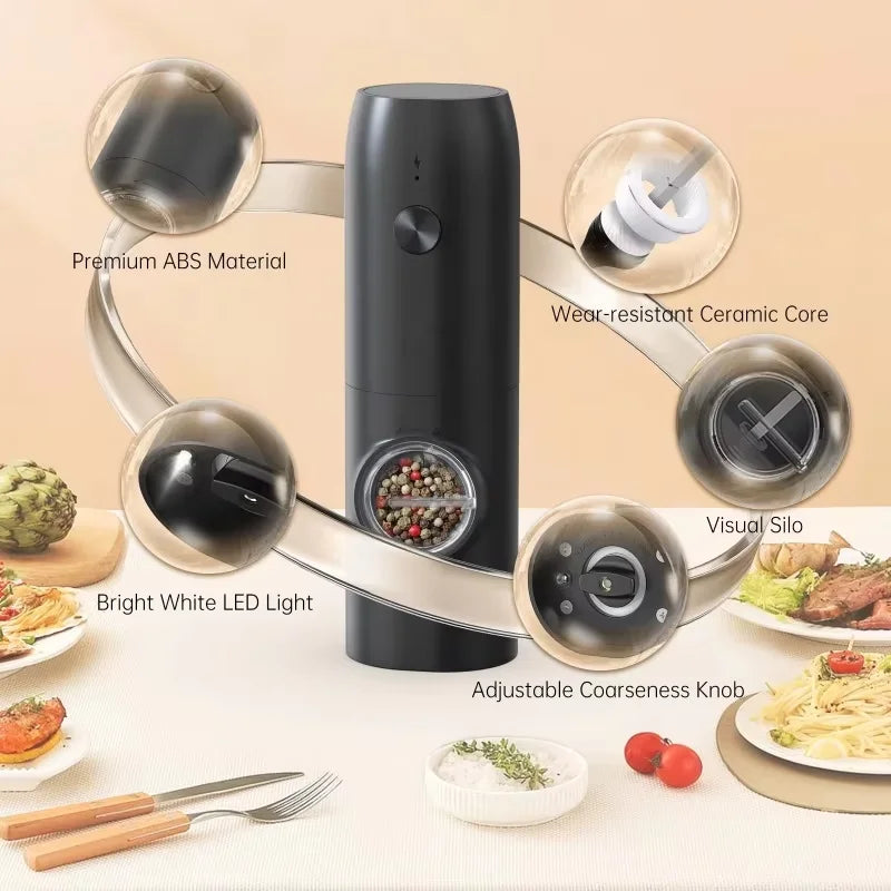 Electric Salt and Pepper Grinder Set with Charging Base and LED Light Adjustable Coarseness Automatic Spice Herb Mill