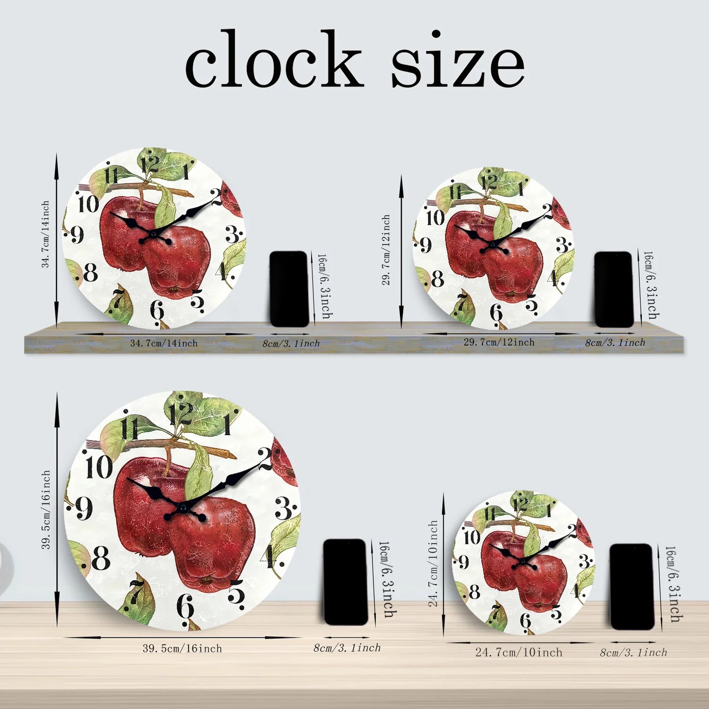 Apple Pattern Wooden Wall Clock on Personalized Branches Living Room Bedroom Kitchen Home Decoration Wall Clock Silent Quartz Clock Holiday Gift 10 Inches 12 Inches 14 Inches 16inch (Without Batteries)