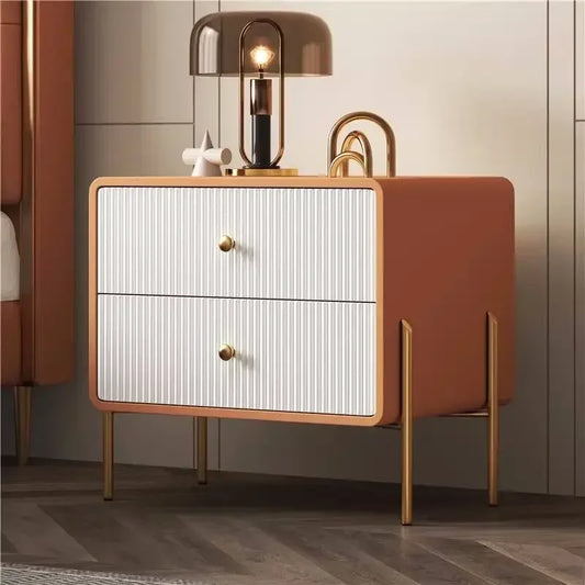Modern Nightstand with Faux PU Leather, Bedside Table Furniture 2 Drawers, End Table with Metal Legs for Bedroom, Living Room