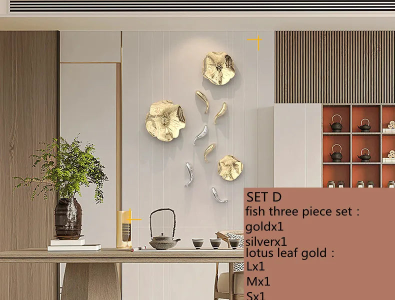 Stereo Resin Background Wall Decoration Carp Fish Lotus Leaf  Gold Wall Pendant Chinese Bionics Home Decoration Accessories