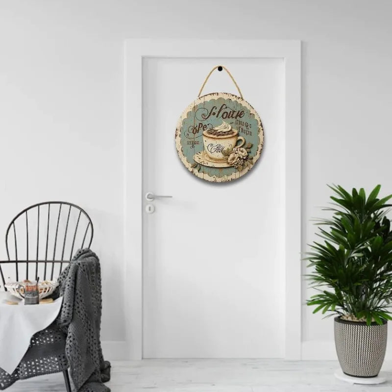 Coffee Themed Wall Decor - Blue & White Shabby Chic Wooden Sign, Rustic Coffee Cup Hanging Plaque for Kitchen & Dining Room