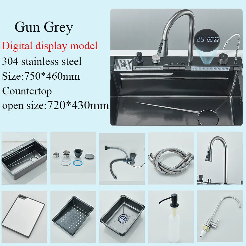 304 Stainless Steel Waterfall Kitchen Sink Sink Large Single basin With Large Single Slot Sink Above Counter With Cup Disher