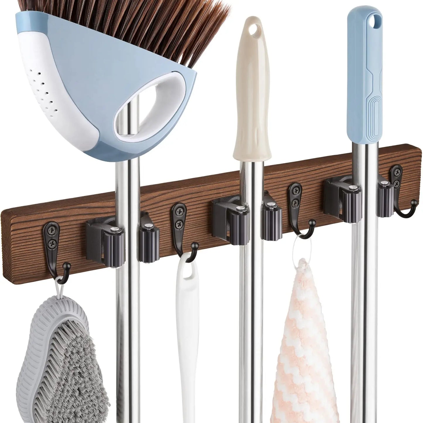 Rustic Wood Broom Mop Holder Hanger Wall Mounted Garden Tool Rack Organizer With 4 Slots 4 Hooks For Garage Laundry Room