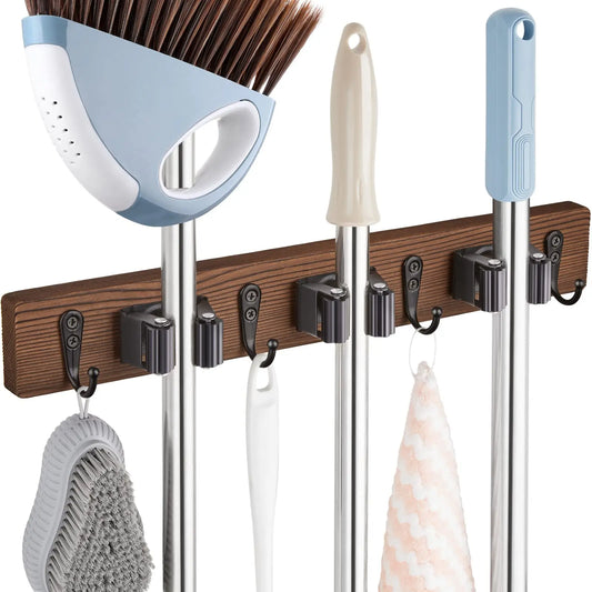 Rustic Wood Broom Mop Holder Hanger Wall Mounted Garden Tool Rack Organizer With 4 Slots 4 Hooks For Garage Laundry Room