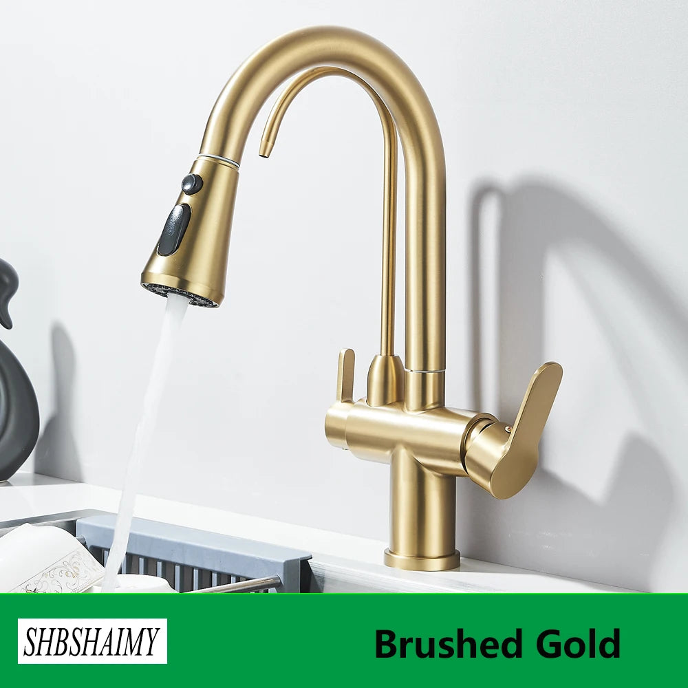 SHBSHAIMY Golden Kitchen Tap Pull Down Purified Water Faucet 360 Rotation Double Handles Single Hole Cold and Hot Water Mixers
