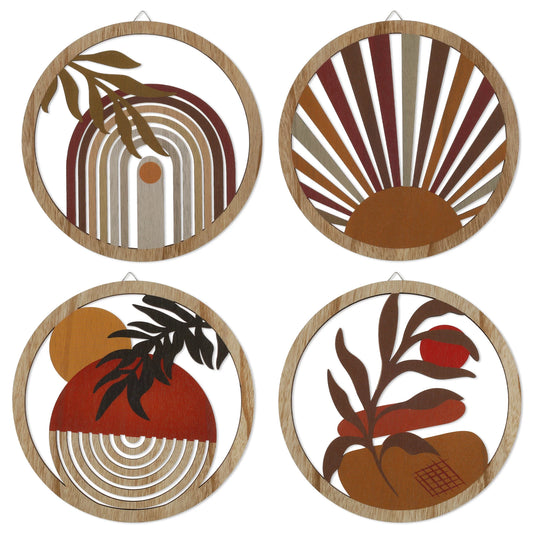 4Pcs Wood Wall Decor Hanging Wall Art Decorative Bohemian Home Decoration Nursery Wall Art Round Shape for Living room Bedroom