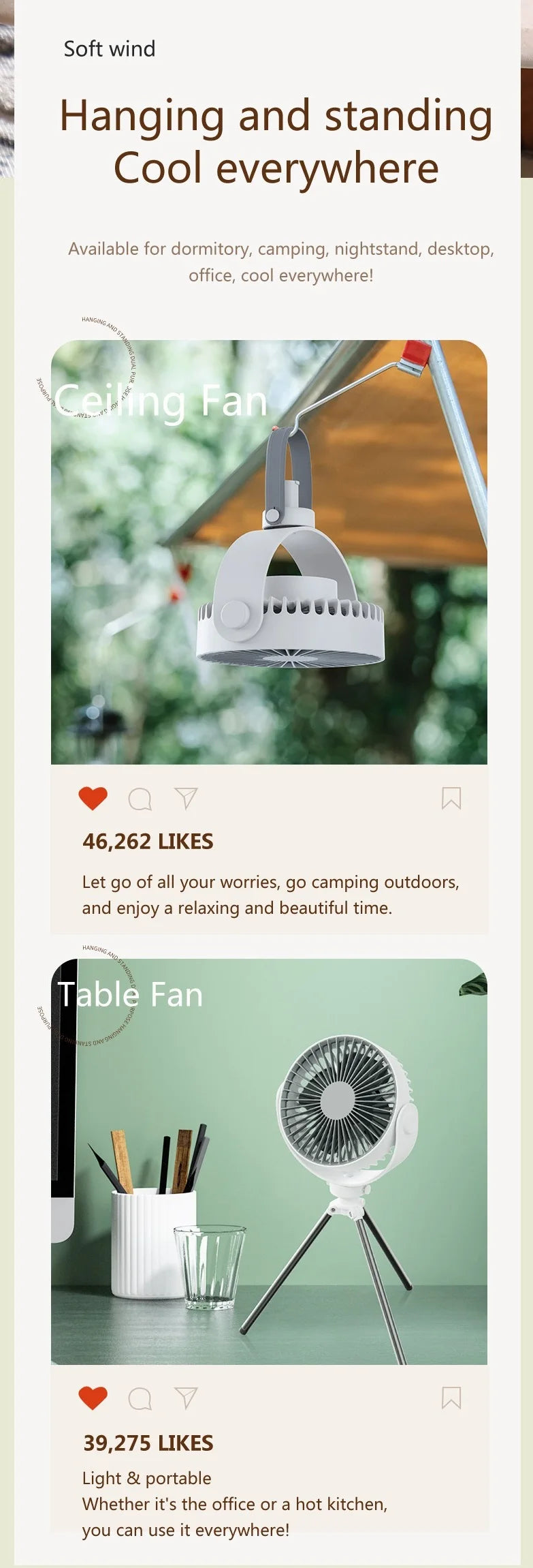 New Home Appliances Portable Tripod Dual Use Fan Ceiling Fan with Rubber Handle and Tripod Bracket Hot Sale Tent Camping Fan
