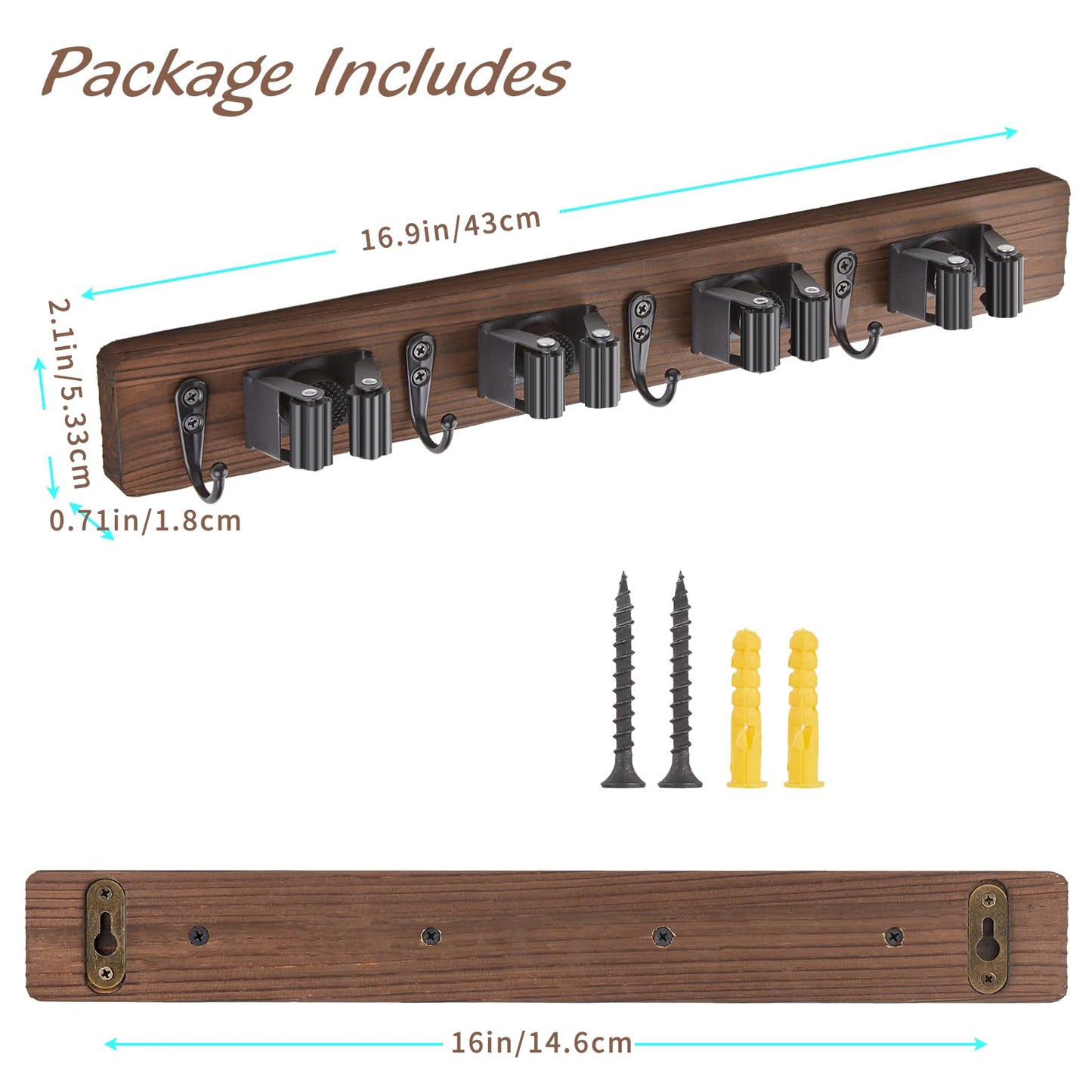 Rustic Wood Broom Mop Holder Hanger Wall Mounted Garden Tool Rack Organizer With 4 Slots 4 Hooks For Garage Laundry Room