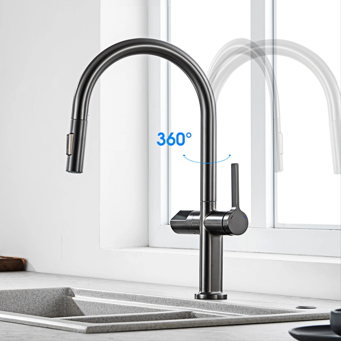 Luxury brass gun gray kitchen faucet LED digital sensing design single handle hot & cold water pull-out type 2-function sink Tap