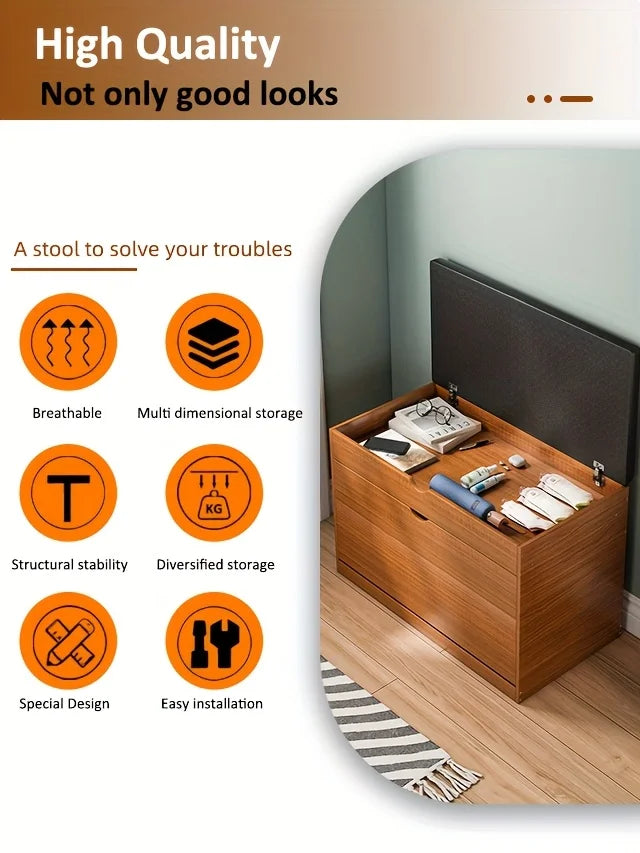 Wooden Shoe Bench with Storage | 3-Tier Shoe Rack, Cushioned Seat & Hidden Cabinet | Space-Saving Entryway Organizer for Home