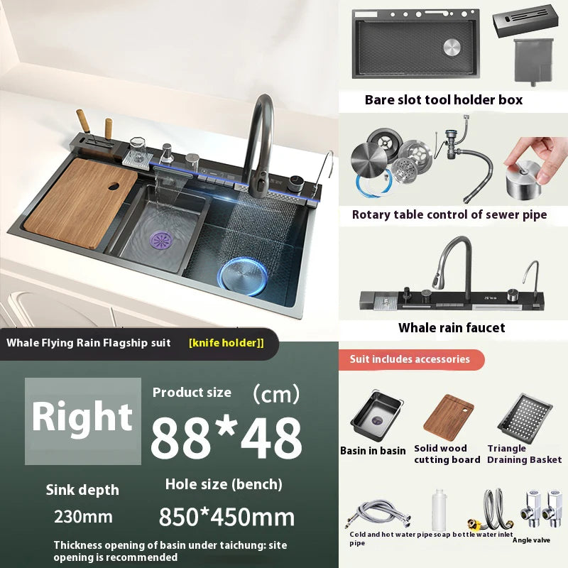 Stainless Steel New Waterfall Kitchen Sink Digital Display Dishwashing Sinks With Draining Rack Embossed Extra Large Single Slot
