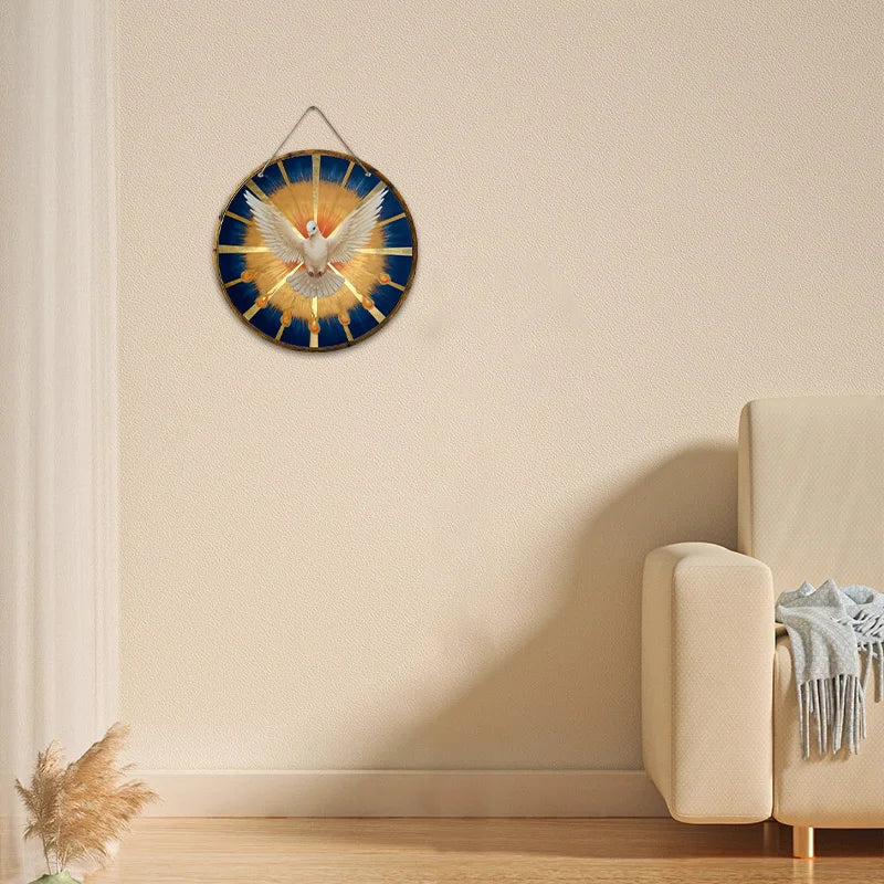 Dove on Blue Background Festive Wall Decoration Art Holiday Room Decoration Kitchen Garden1 Piece Wooden Disc Hanging 20cm