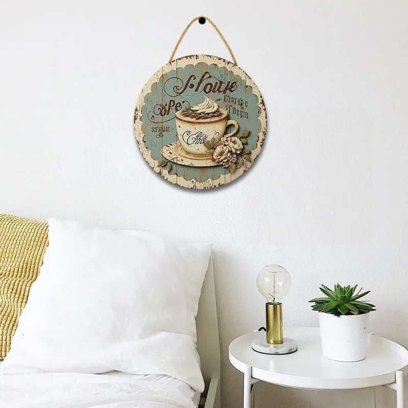 Coffee Themed Wall Decor - Blue & White Shabby Chic Wooden Sign, Rustic Coffee Cup Hanging Plaque for Kitchen & Dining Room