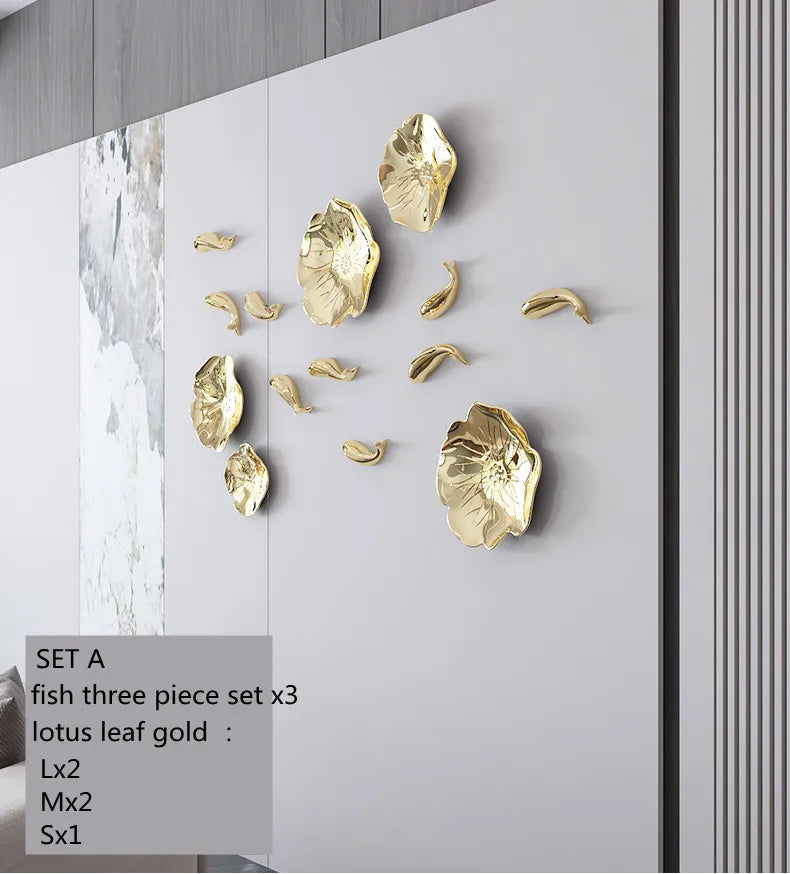 Stereo Resin Background Wall Decoration Carp Fish Lotus Leaf  Gold Wall Pendant Chinese Bionics Home Decoration Accessories
