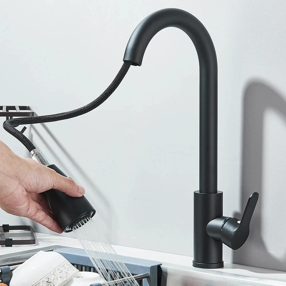 304 brushed kitchen faucet, black surface faucet, kitchen sink faucet, pull-out kitchen faucet, single hole faucet