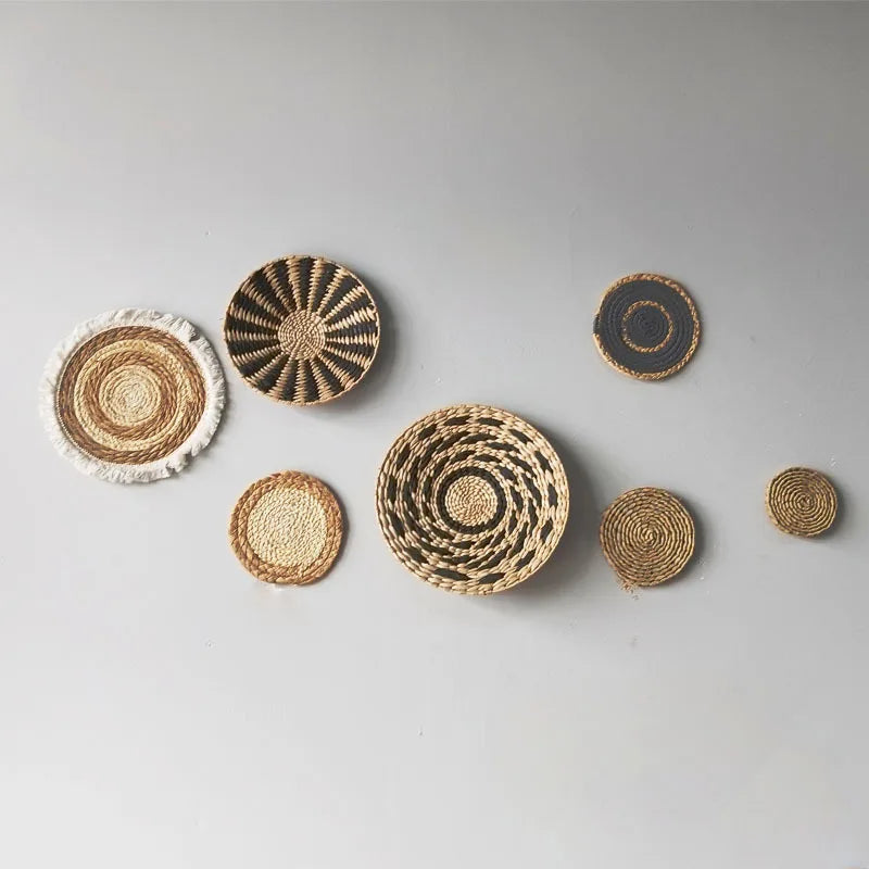 Bohemian Woven Wall Hanging, Handmade Rattan Circle Decor, Macrame Leaf Art for Living Room Bedroom