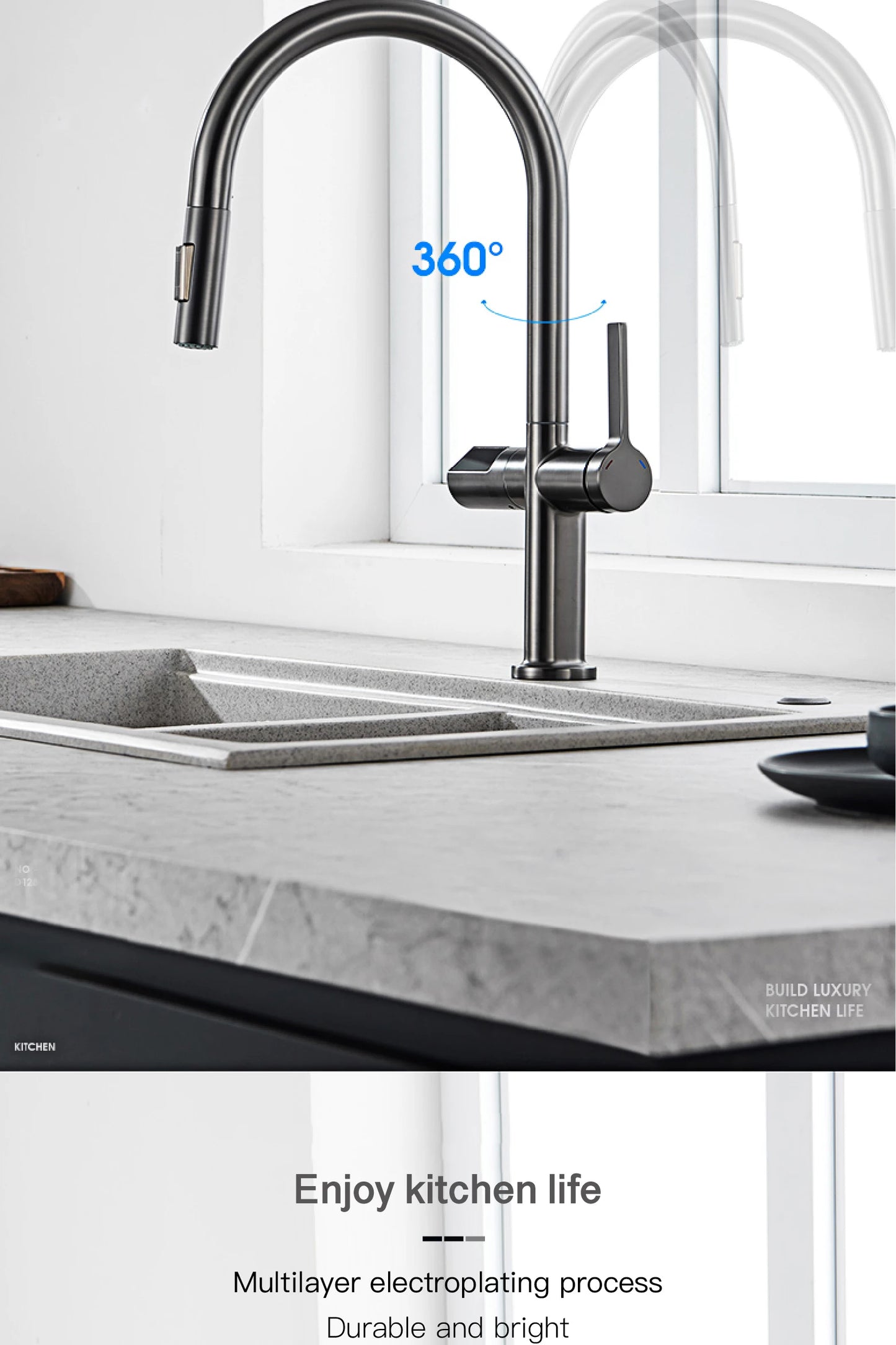 Luxury brass gun gray kitchen faucet LED digital sensing design single handle hot & cold water pull-out type 2-function sink Tap