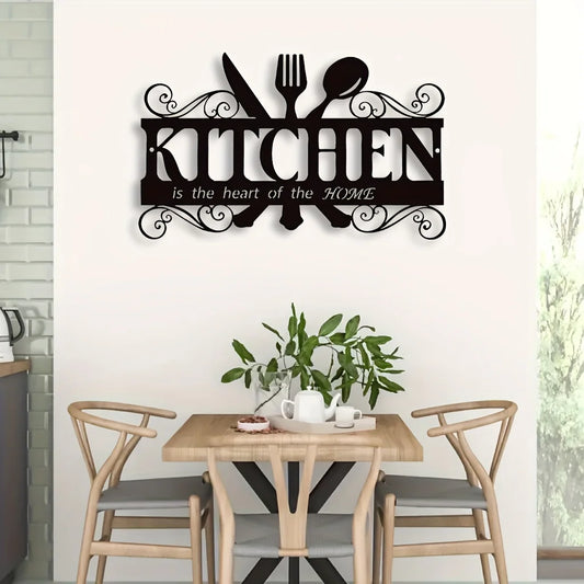 1PC Art Deco Inspired Black Metal Kitchen Wall Art - Elegant Family Theme Hanging Sign with Heartfelt Message, Farmhouse Decor