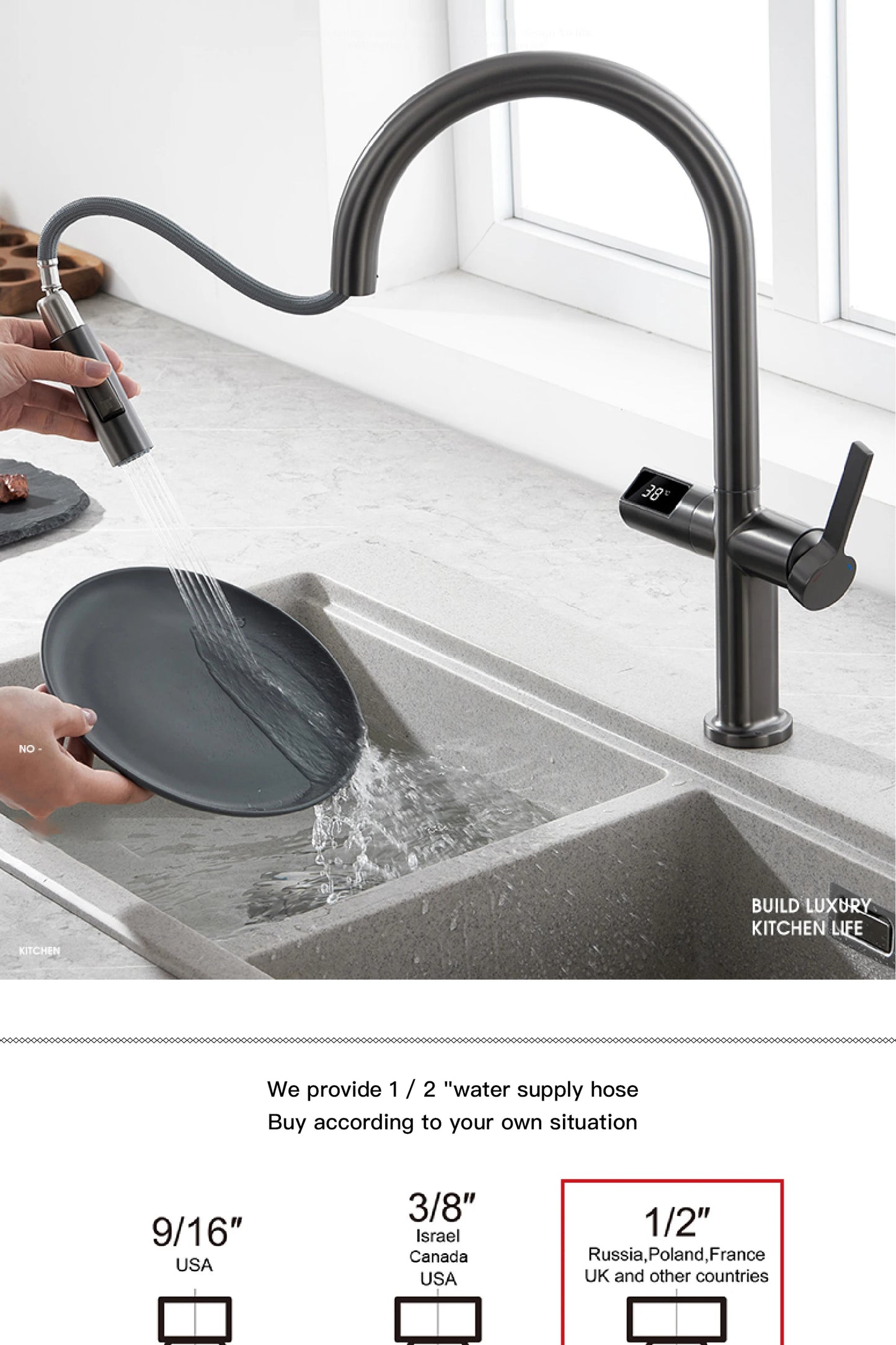 Luxury brass gun gray kitchen faucet LED digital sensing design single handle hot & cold water pull-out type 2-function sink Tap
