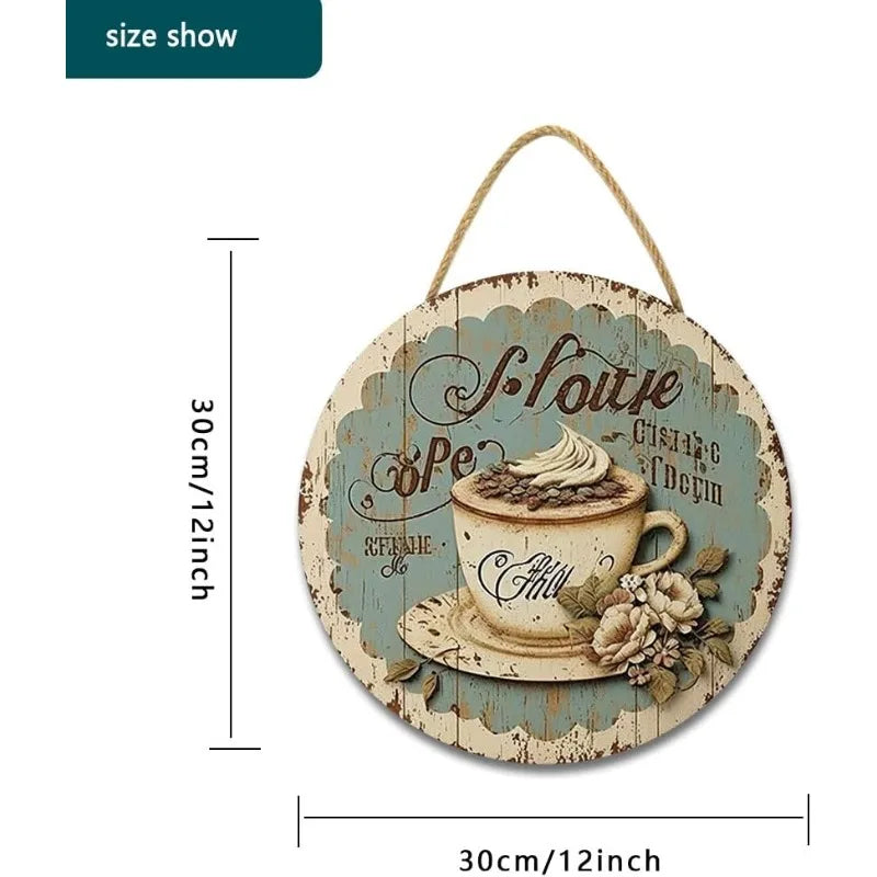 Coffee Themed Wall Decor - Blue & White Shabby Chic Wooden Sign, Rustic Coffee Cup Hanging Plaque for Kitchen & Dining Room