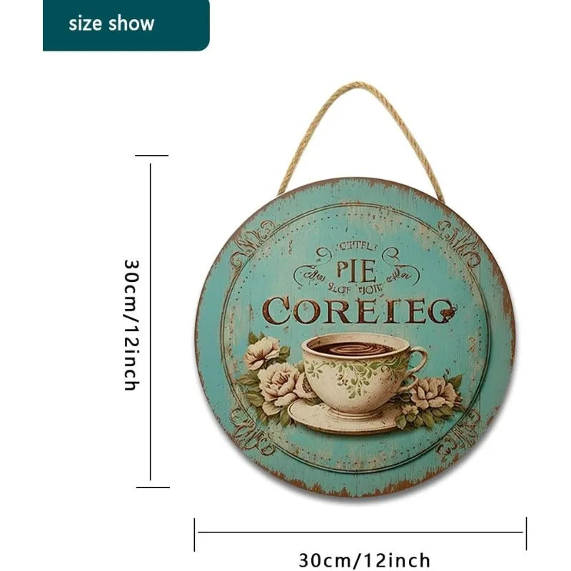 Coffee Themed Wall Decor - Blue & White Shabby Chic Wooden Sign, Rustic Coffee Cup Hanging Plaque for Kitchen & Dining Room
