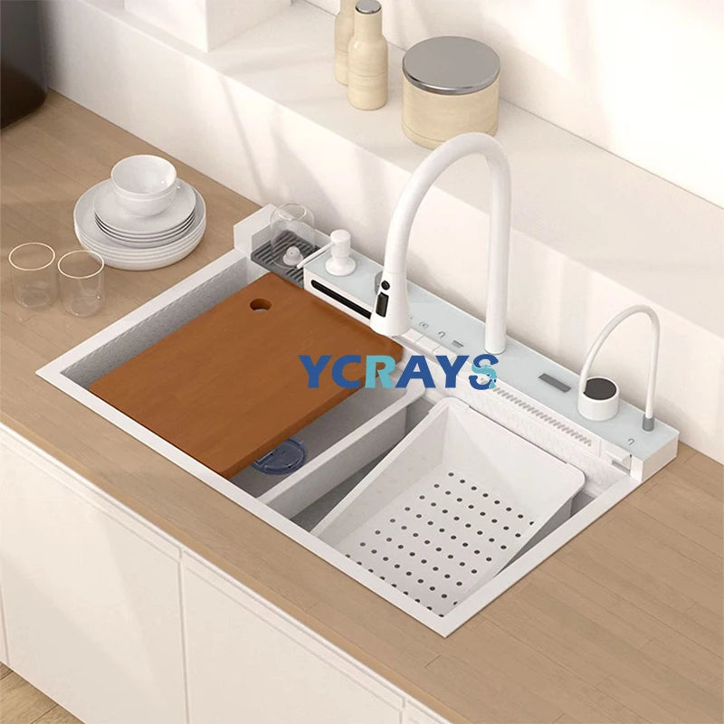 YCRAYS Gold Waterfall Multifunctional Kitchen Sink Large Single Slot Integrated Digital Display Faucet Soap Dispenser Cup Washer