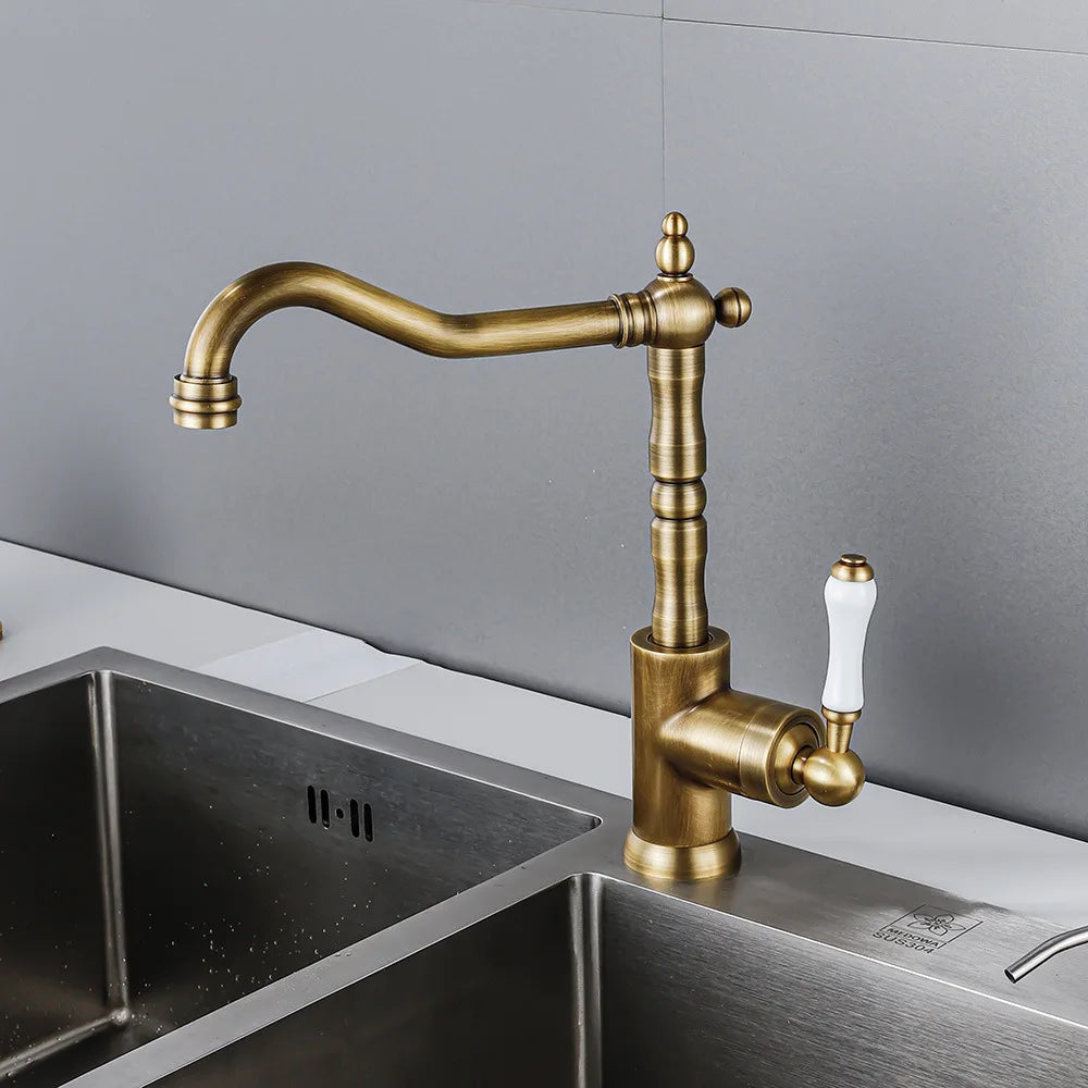 Brass Kitchen Faucet Ceramic Handle Deck Mount Bathroom Basin Faucet 360 Rotate Mixer Taps Hot Cold Water Faucet Crane