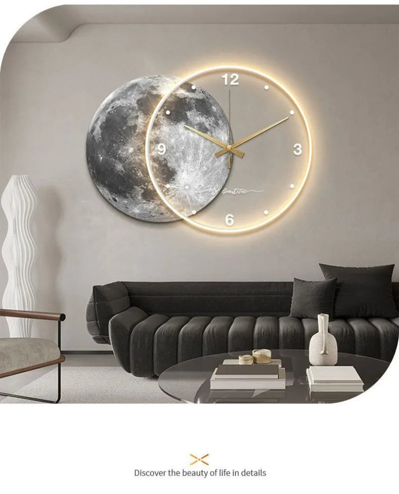 Large Dining Room Living Room Wall Clock Luxury Moon The Earth Modelling LED Light Silent Movement  Bedroom Wall Decoration Gift