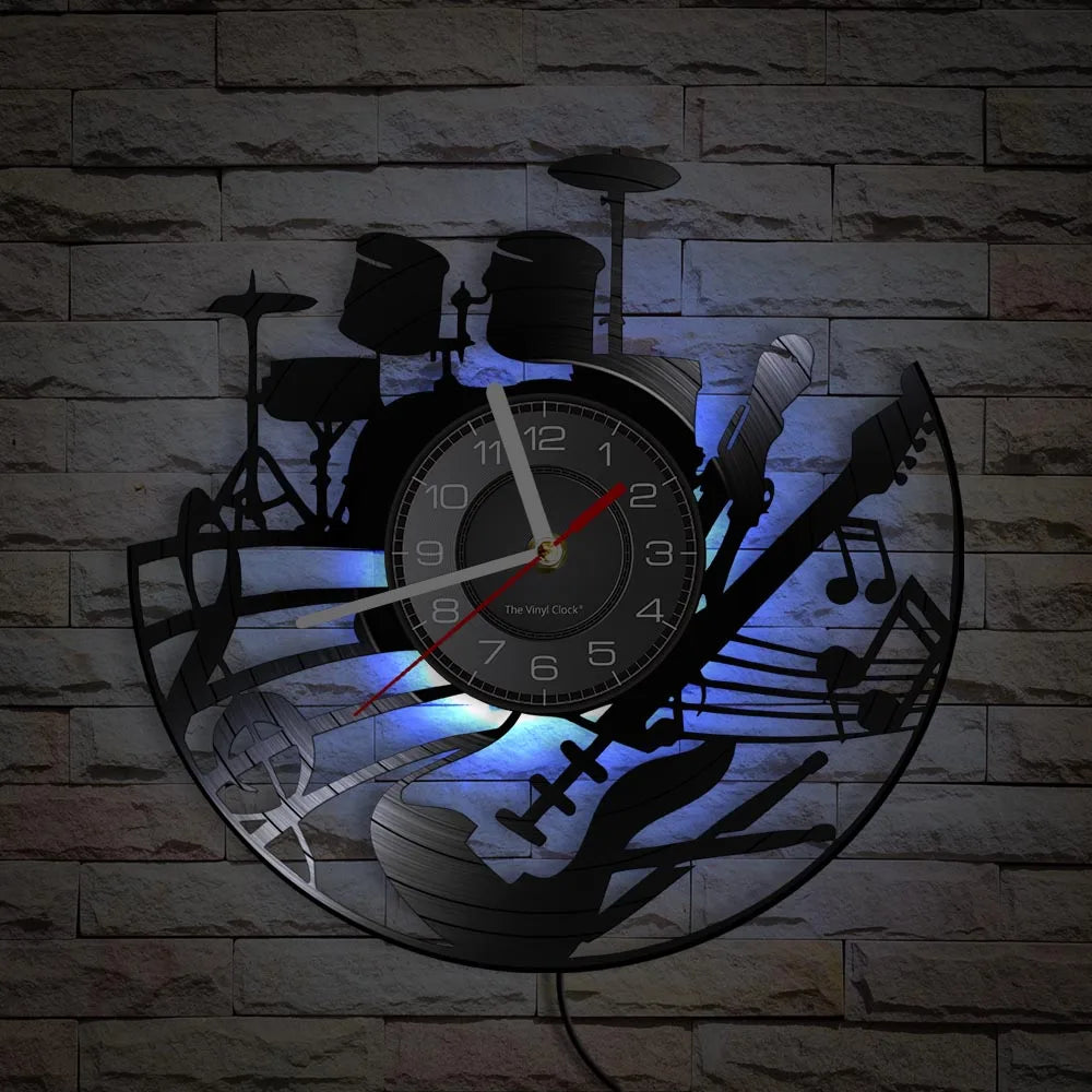 Guitar and Drum Kits Wall Clock Guitar Player Music Vinyl Record Clock Rock Music Instrument Guitar Wall Art Rock n Rock Gift
