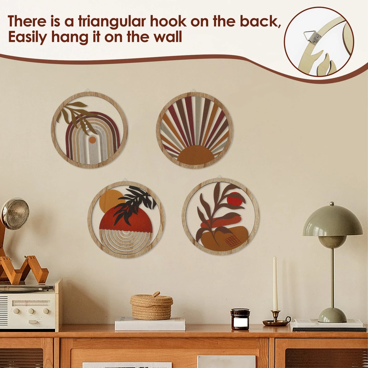 4Pcs Wood Wall Decor Hanging Wall Art Decorative Bohemian Home Decoration Nursery Wall Art Round Shape for Living room Bedroom