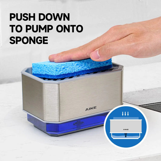 AIKE 2 in 1 Kitchen Soap Dispenser with Sponge Stainless Steel Dish Soap Box Detergent Dispenser for Dishwashing Manual Pump