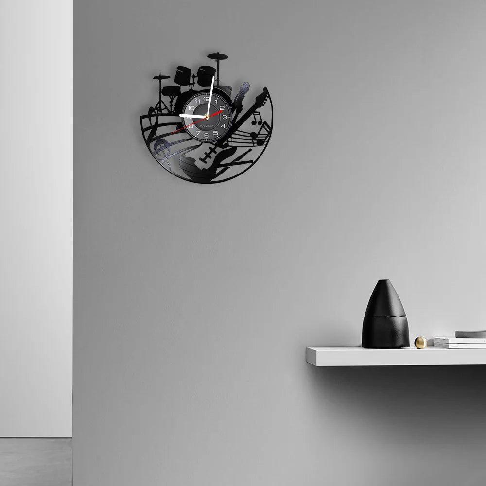 Guitar and Drum Kits Wall Clock Guitar Player Music Vinyl Record Clock Rock Music Instrument Guitar Wall Art Rock n Rock Gift