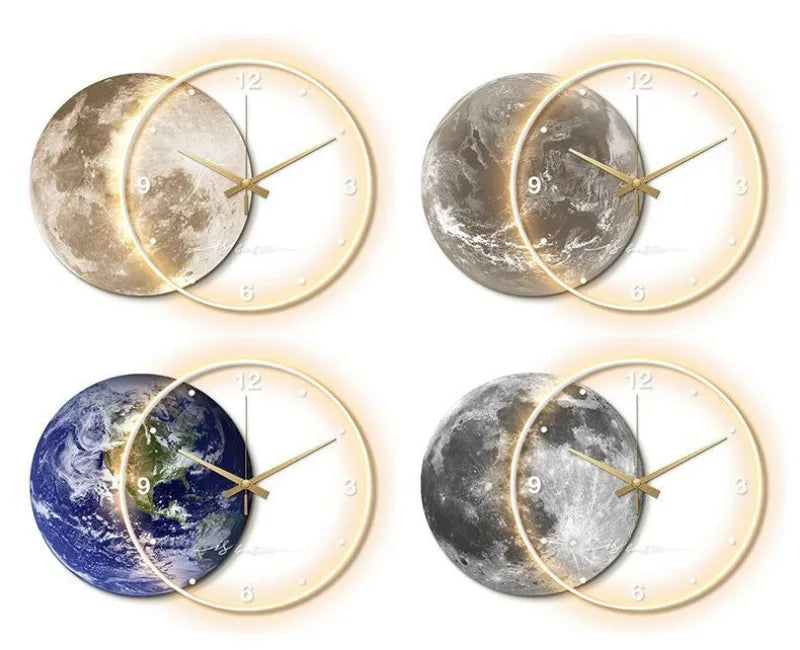 Large Dining Room Living Room Wall Clock Luxury Moon The Earth Modelling LED Light Silent Movement  Bedroom Wall Decoration Gift